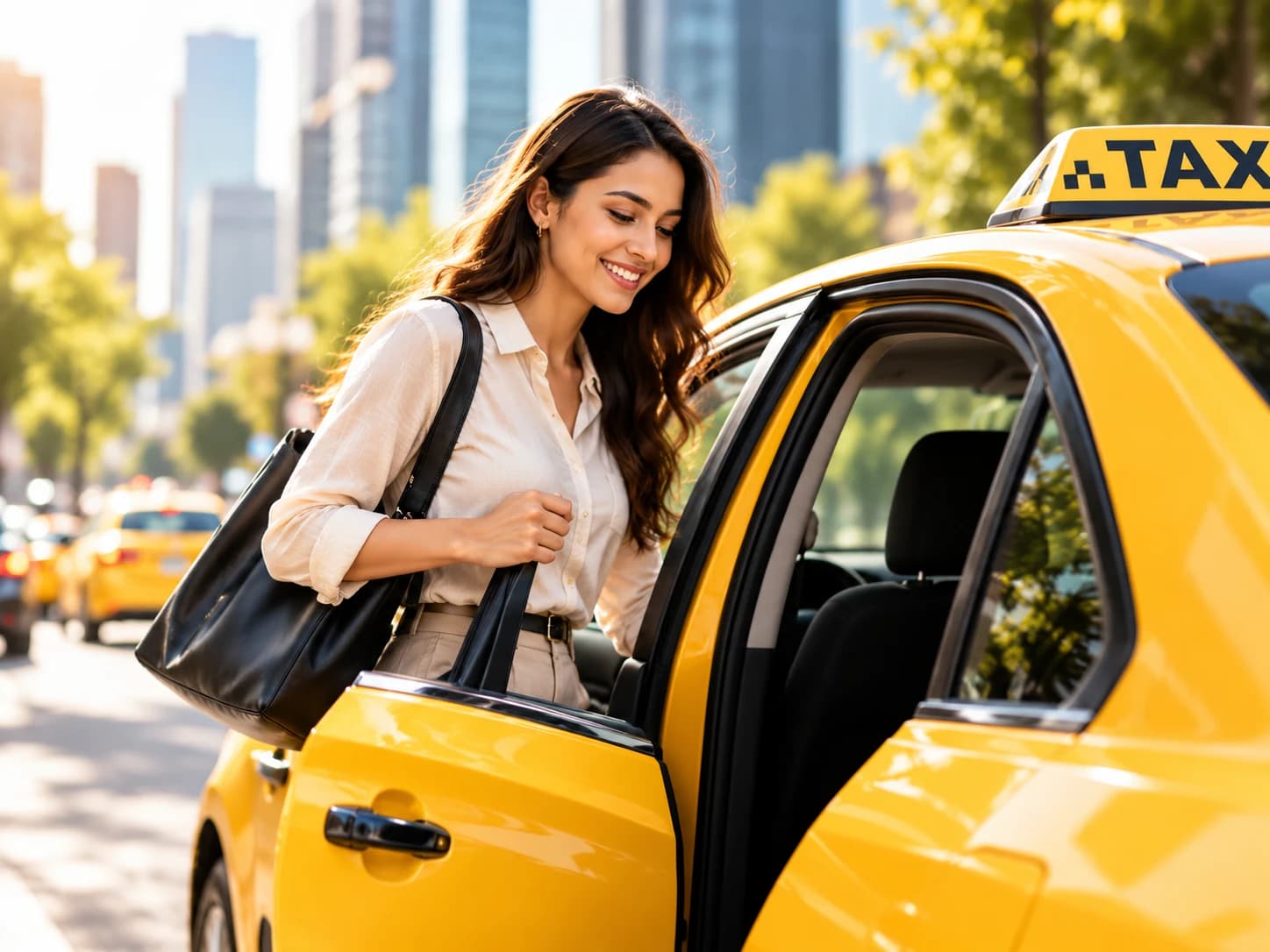 Passenger entering a yellow taxi