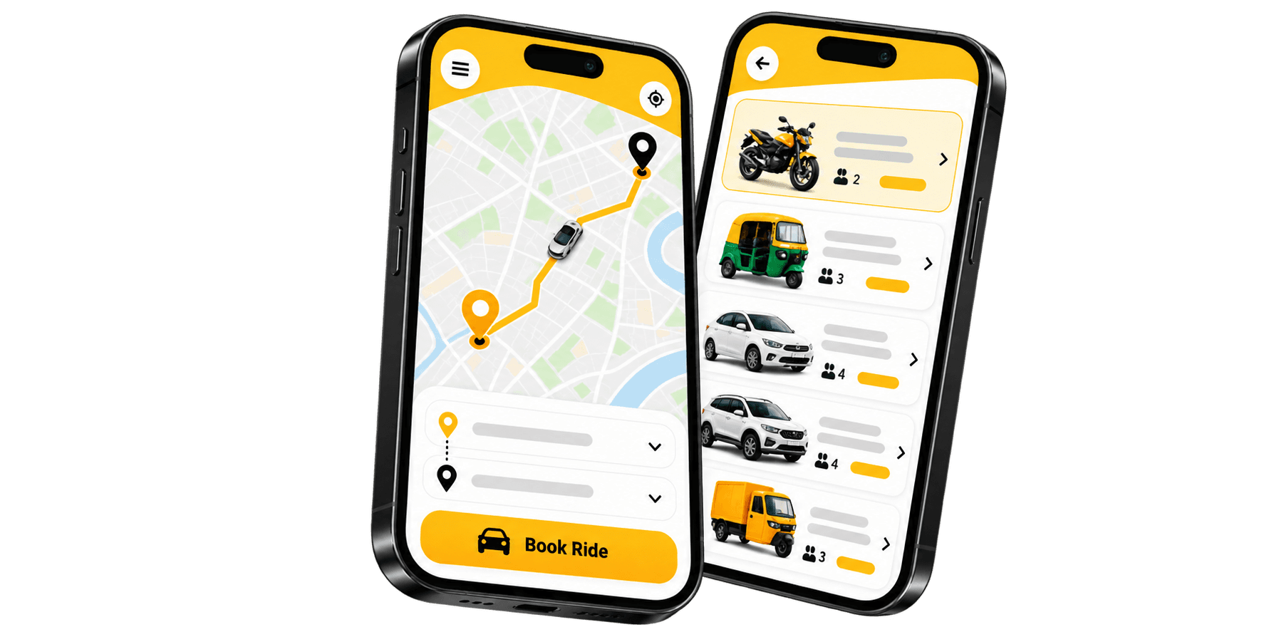 Preview of QuickRide booking application displayed on two smartphones