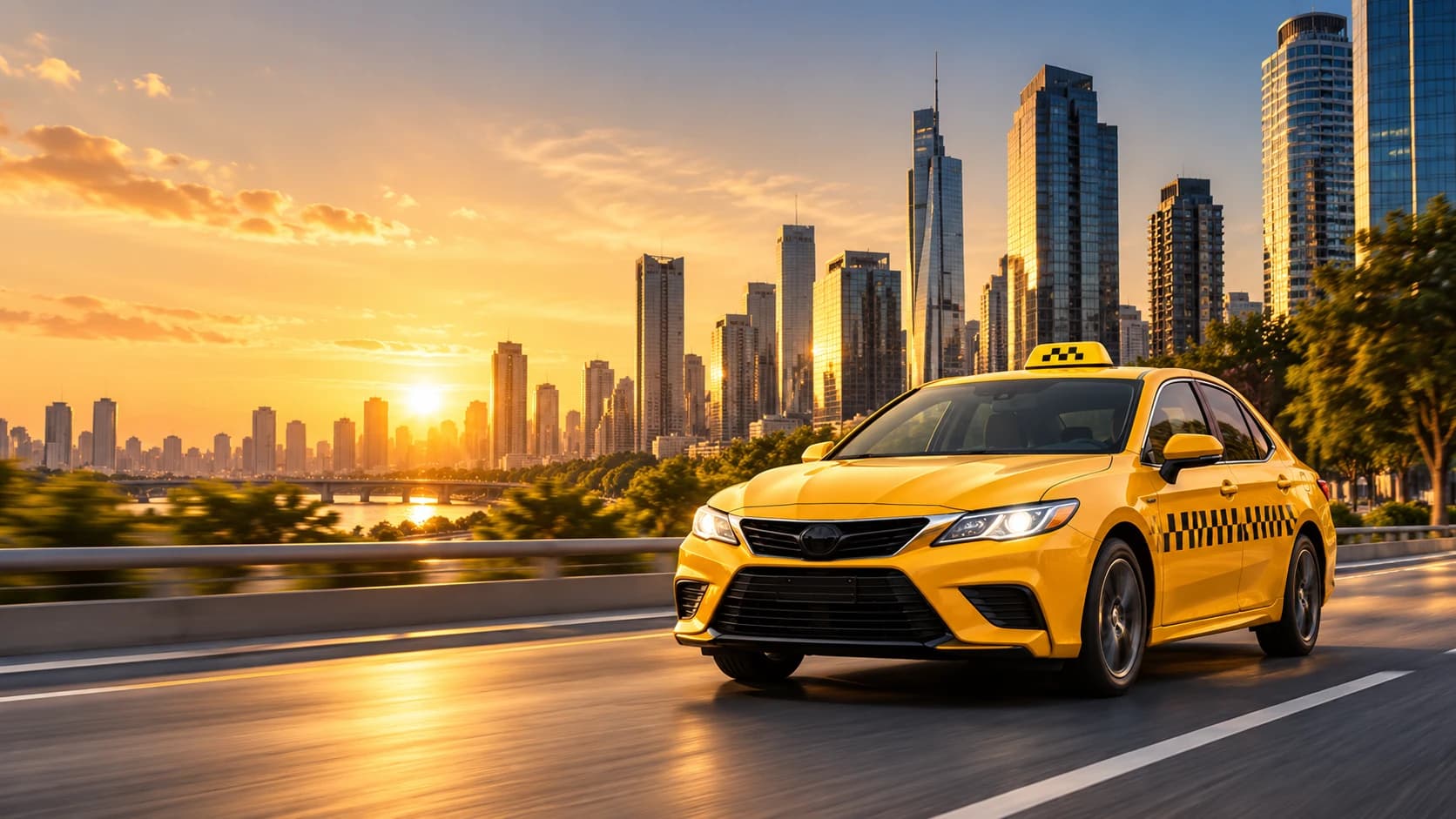 Golden taxi travelling through the city